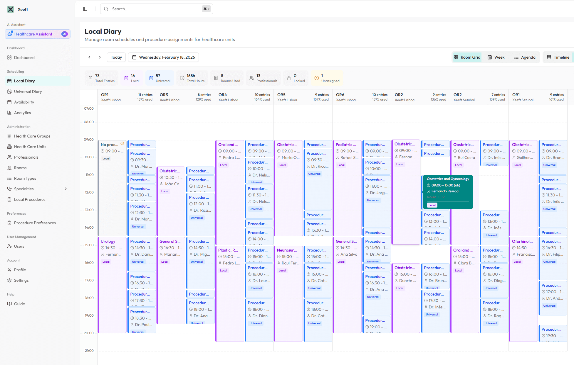 Xeeft Local Diary — scheduling calendar with room and procedure assignments