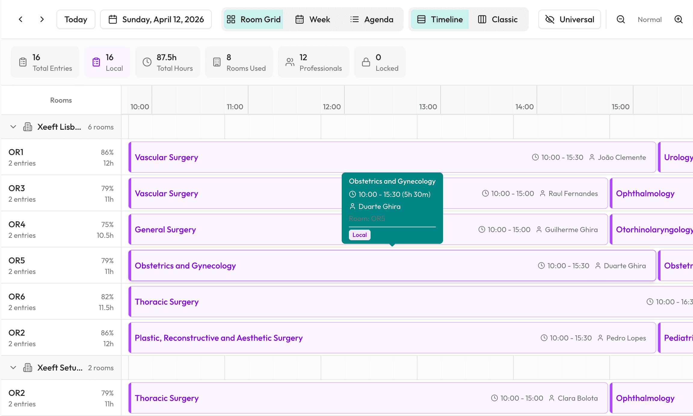 Xeeft Room Grid — scheduling calendar with room and procedure assignments