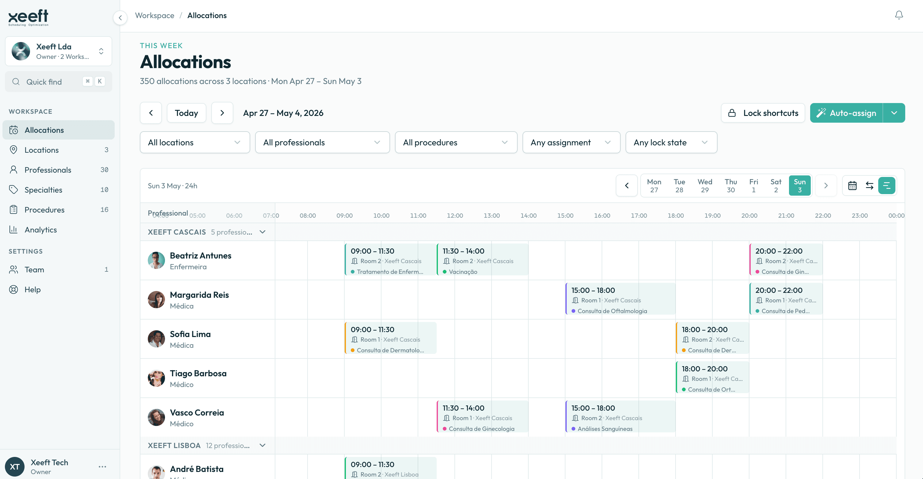 Xeeft Allocations — weekly schedule across locations and professionals